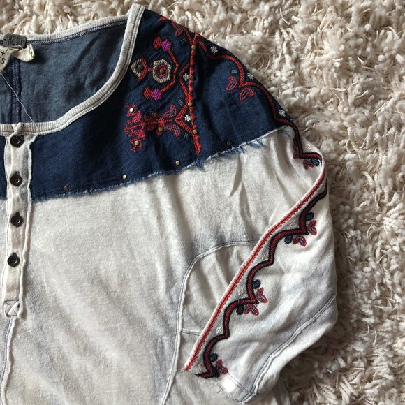 Embroidered Free People 3/4 Sleeve Henley - Picture 3 of 7